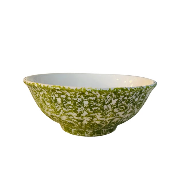 Large Vintage Italian Green Spongeware Stoneware Bowl | 13.25” Classical Schizzato Spatterware Serving Bowl | Rustic...