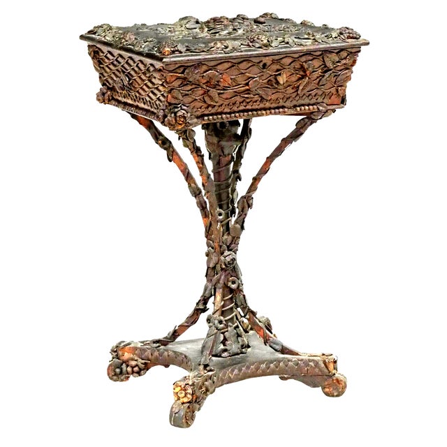 19th Century 1800's Antique on Stand, Victorian, Wood & Leather, Red Velvet Lined Sewing Box For Sale - Image 5 of 5