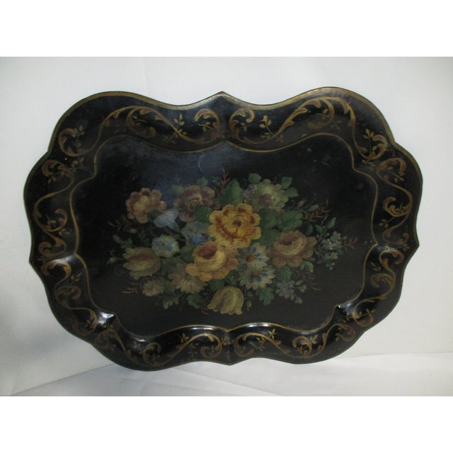 Victorian Antique Hand-Painted Floral Tole Tray For Sale - Image 3 of 11