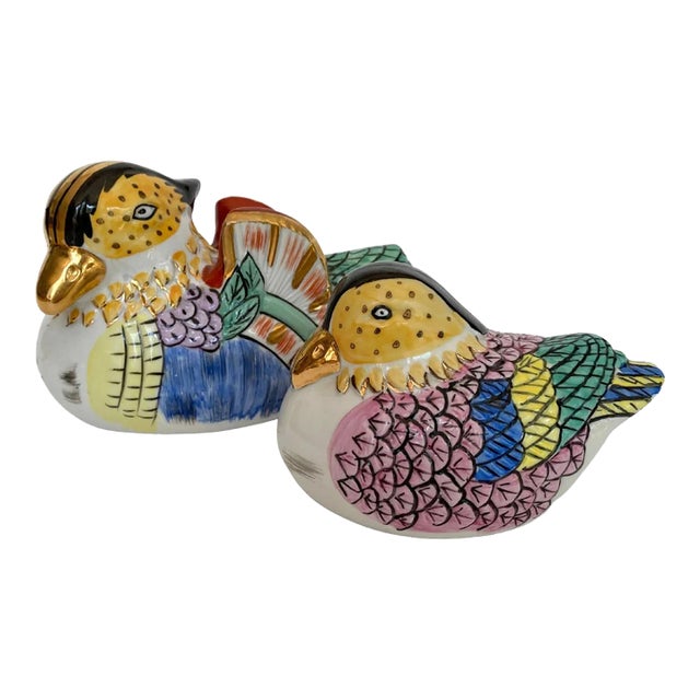 1950s Hand Painted Ceramic Pair of Birds Ducks Gold and Pastel Colors For Sale