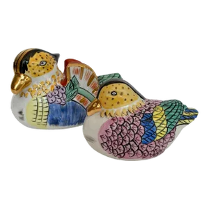 1950s Hand Painted Ceramic Pair of Birds Ducks Gold and Pastel Colors