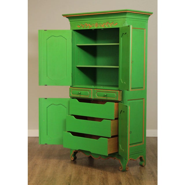 French Louis XV Style Custom Green Painted Large Armoires - A Pair For Sale - Image 4 of 13