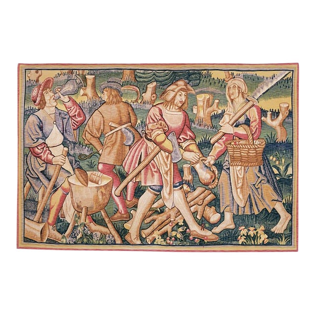 Medieval Woodcutters Silkscreen Tapestry - 130 X 193 Cm (4'3" X 6'4") - Requires Rod Size 5 For Sale