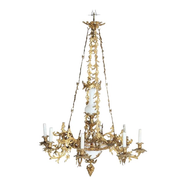 Antique French Louis XIV Gilt Bronze & Opaline Glass Candelabra Chandelier 19thC For Sale