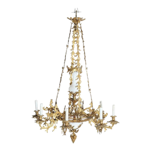 Antique French Louis XIV Gilt Bronze & Opaline Glass Candelabra Chandelier 19thC
