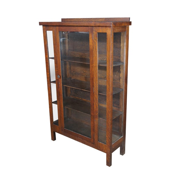 Mission Antique Mission Arts & Crafts Quartersawn Oak Bookcase China Display Cabinet 63" For Sale - Image 3 of 11