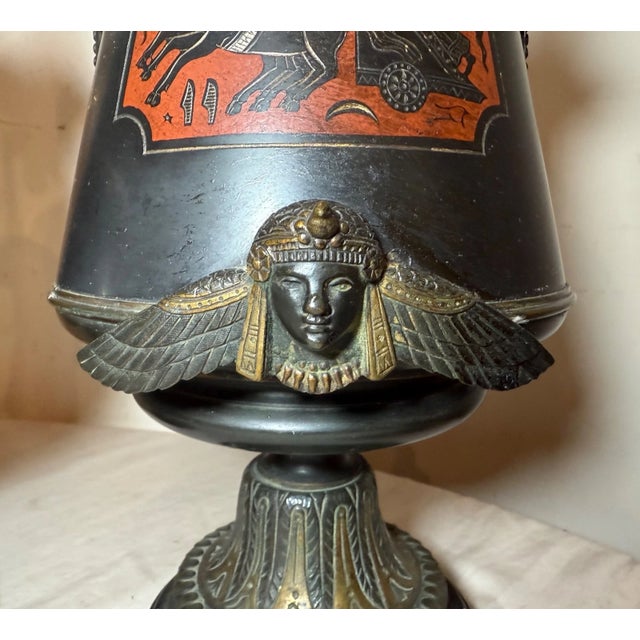 Bronze Antique Egyptian Revival Figural Bronze Marble Urn Ewer Table Lamps - a Pair For Sale - Image 8 of 18