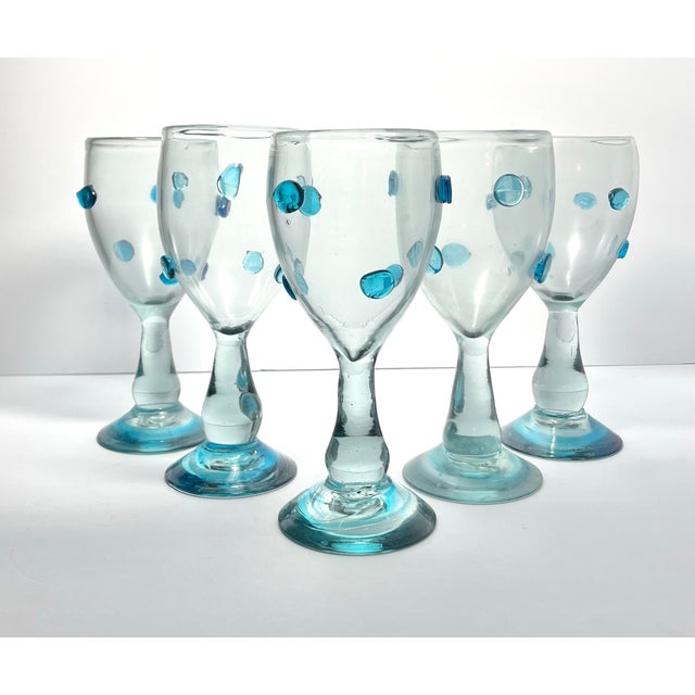 5 Aqua Blue Confetti Raised Pebble Mexican Blown Wine or Water Glasses 8.5” 14oz Good condition. No chips, cracks, or...