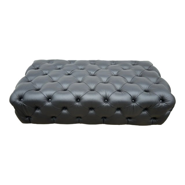 1950s Large Chesterfield Style Tufted Black Italian Leather Ottoman Bench For Sale