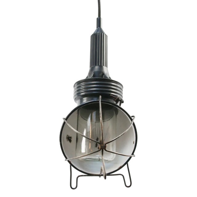Vintage Industrial Pendant Lamp in Blue Enamel For Sale