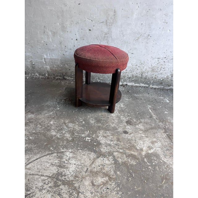 Wood Art Deco Upholstered Stool with Lower Shelf, France, 1930 For Sale - Image 7 of 8
