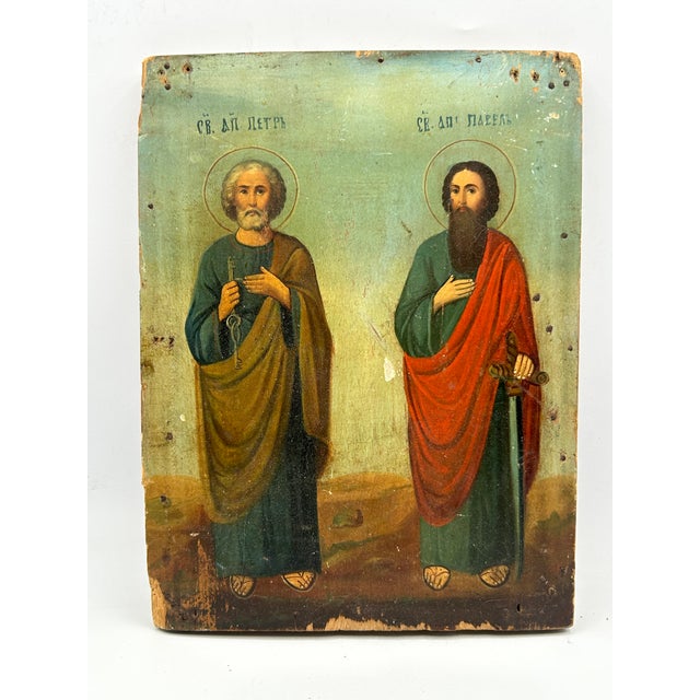 Traditional 19th-Century Icon Painting of Saints Peter and Paul, Oil on Wood For Sale - Image 3 of 18