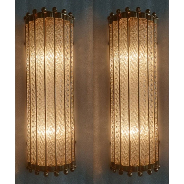 Pair Vintage Art Deco Wall Sconces in Brass & Ribbed Glass Rod Ship Light For Sale - Image 4 of 5