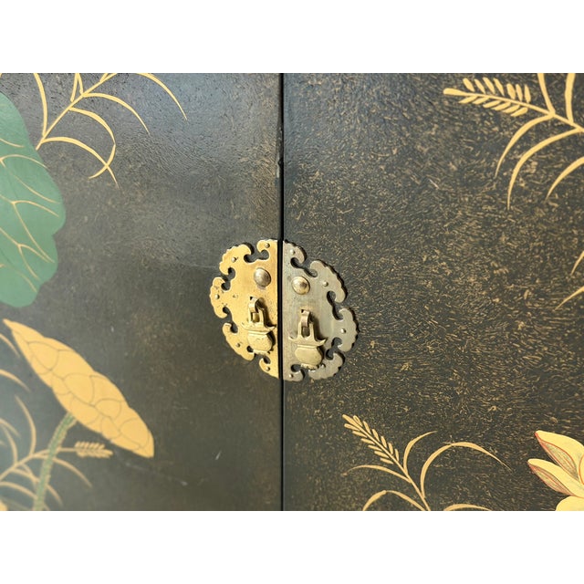 Vintage Mid-Century Modern Hand-Painted Asian Chinese Chinoiserie-Style Lacquered Oval Credenza Buffet Sideboard Cabinet For Sale - Image 18 of 18