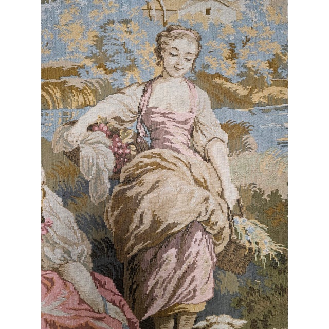 Sky Blue 20th Century Flemish Style Wall Tapestry With Hanging Bar For Sale - Image 8 of 11