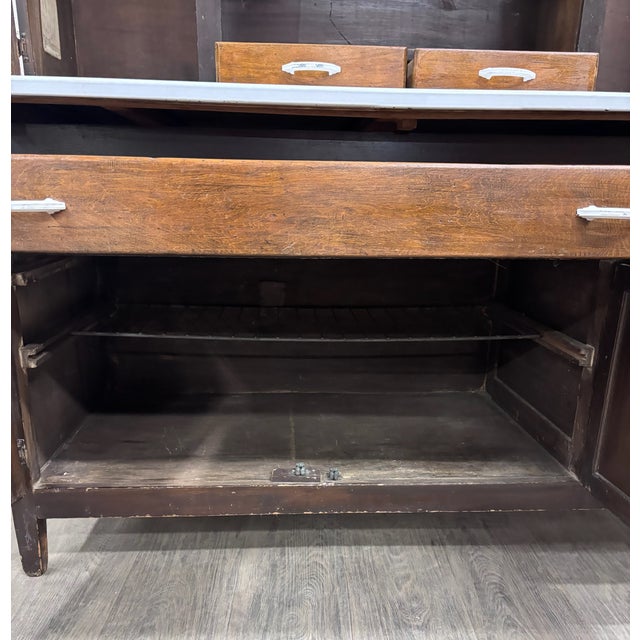 Antique Hoosier Style Farmhouse Cabinet With Glass Doors and Enamel Worktop For Sale - Image 10 of 11