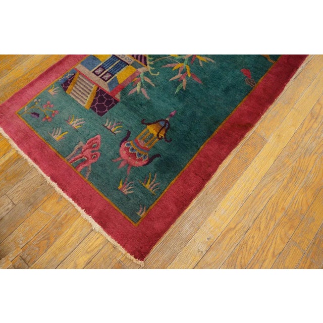 1920s Green Garden Landscape Antique Chinese Art Deco Carpet 2' 6'' X 4' 5'' Knotted Wool Rug For Sale - Image 9 of 10