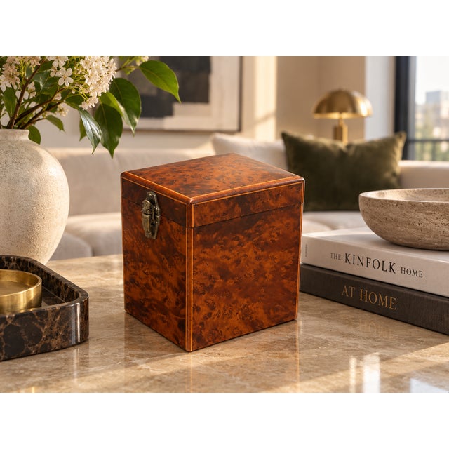 A beautiful antique Victorian travelling tea caddy dating to around 1850, veneered in richly figured amboyna with a...