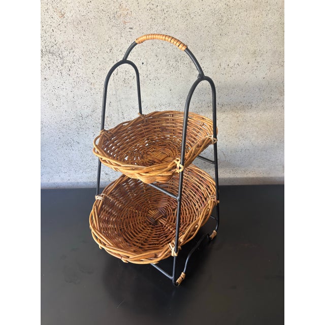 Tony Paul Vintage Mid-Century Rattan & Iron Two-Tier Basket in the Manner of Tony Paul For Sale - Image 4 of 7
