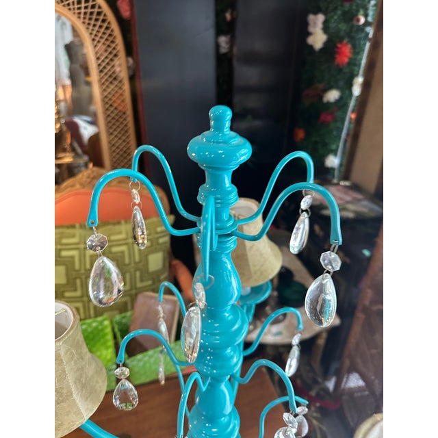 Up for consideration is a beautiful vintage bright blue multi-light and crystal table lamp. This would look lovely in your...