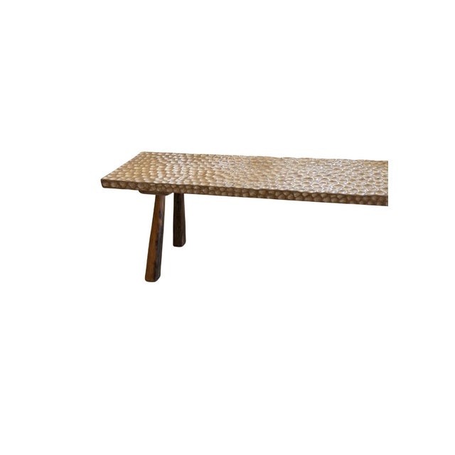 Contemporary Solid Teak Wood Bench With Hand-Hewn Detailing and Sculptural Leg Form For Sale - Image 3 of 7