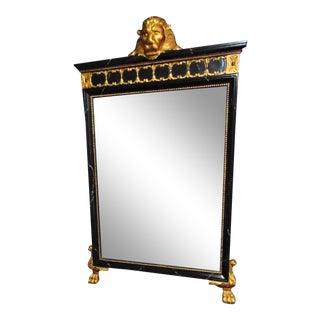 Regency Style Black Marblized & Gilt Lion Carved Mirror For Sale