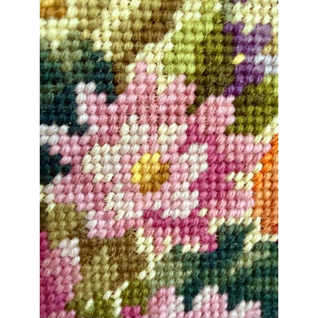 Vintage Round Framed Floral Hand-Stitched Needlepoint Wall Art For Sale - Image 4 of 6