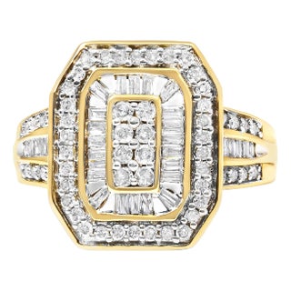10K Yellow Gold 1.0 Cttw Diamond Vintage Inspired Baguette-Cut Double Halo Emerald-Shaped Frame Cocktail Ring (I-J Color, I1-I2 Clarity) - Size 7 For Sale