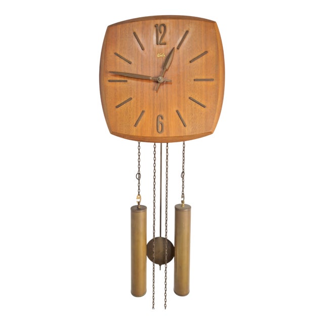 Mid-Century Wall Clock in Teak and Brass from Wuba, 1960s For Sale