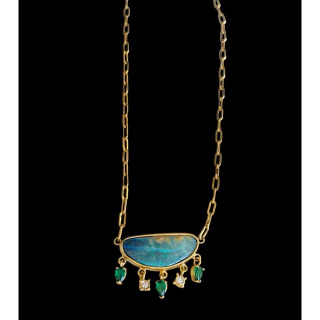 Gold 14k Gold Australian Opal Necklace With Emeralds & Diamonds For Sale - Image 8 of 12