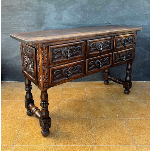 Traditional Spanish Renaissance Revival Oak Six-Drawer Console with Carved Panels, 1930s For Sale - Image 3 of 9