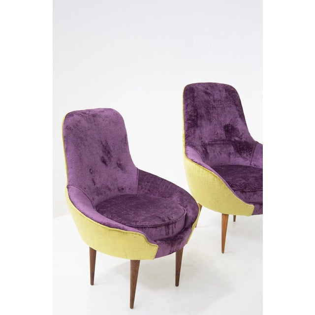 Set of Vintage Wooden Armchairs in Purple and Green Velvet For Sale - Image 9 of 11