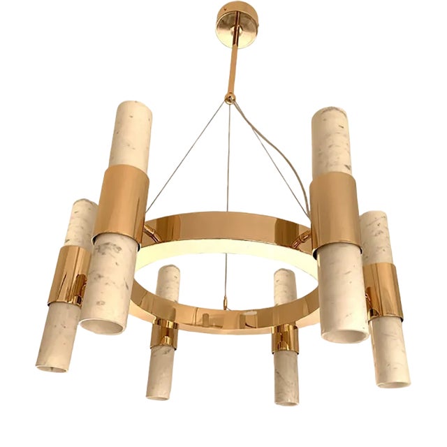 Double Carrara Marble Gold Ring Chandelier by Simoeng For Sale