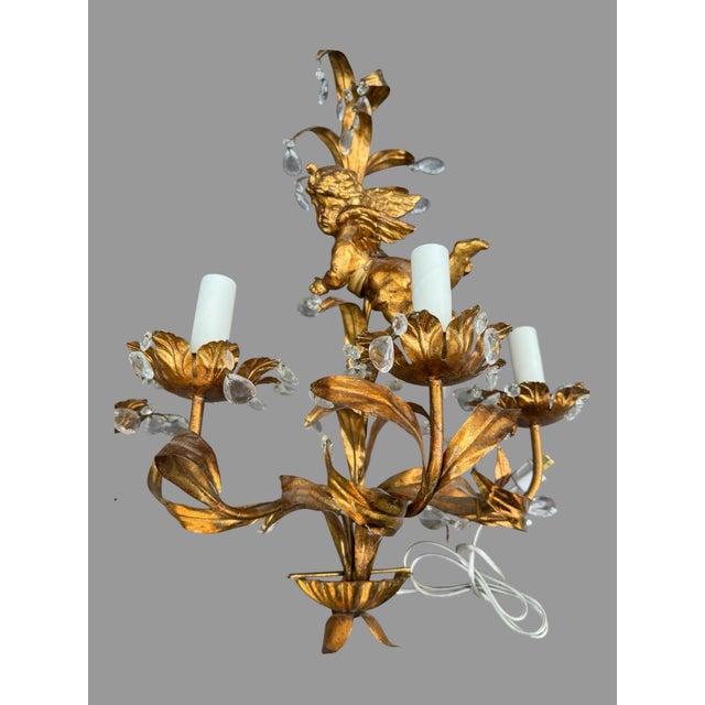 Italian Pair of 29” Vintage Italian 3 Light Candelabra Wall Sconces W Prisms & Figural Cherubs For Sale - Image 3 of 9
