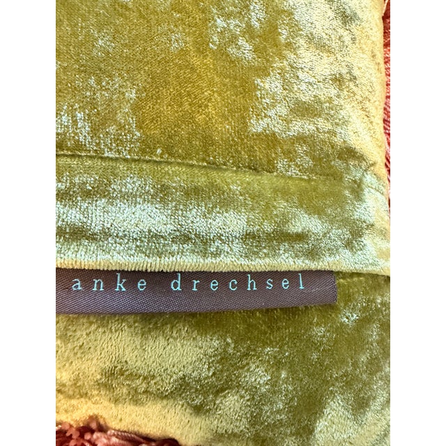 Anke Drechsel Anke Drechsel Olive Green Silk Velvet Pillow With Blush Fringe Trim For Sale - Image 4 of 8