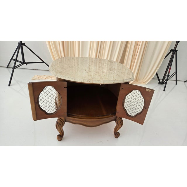 Vintage French Provincial Drum Table With Metal Mesh Cabinet Doors. Made in Italy For Sale - Image 10 of 18