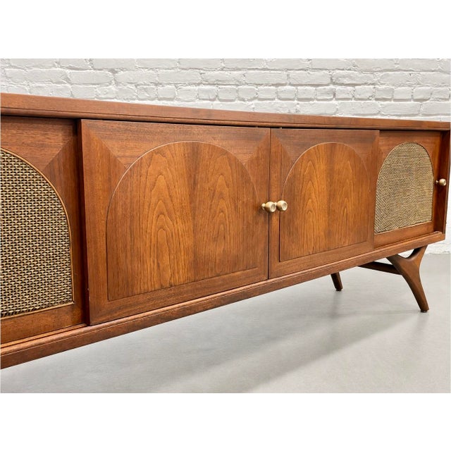 Long + Low Mid Century Modern Walnut and Cane Credenza | Sculptural Kagan Style Wishbone Leg Sideboard, C. 1960's For Sale - Image 13 of 15