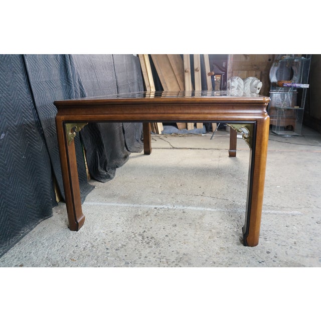 Brown Mid Century Chinoiserie Matchbook Walnut Brass & Glass Extendable Dining Table For Sale - Image 8 of 15