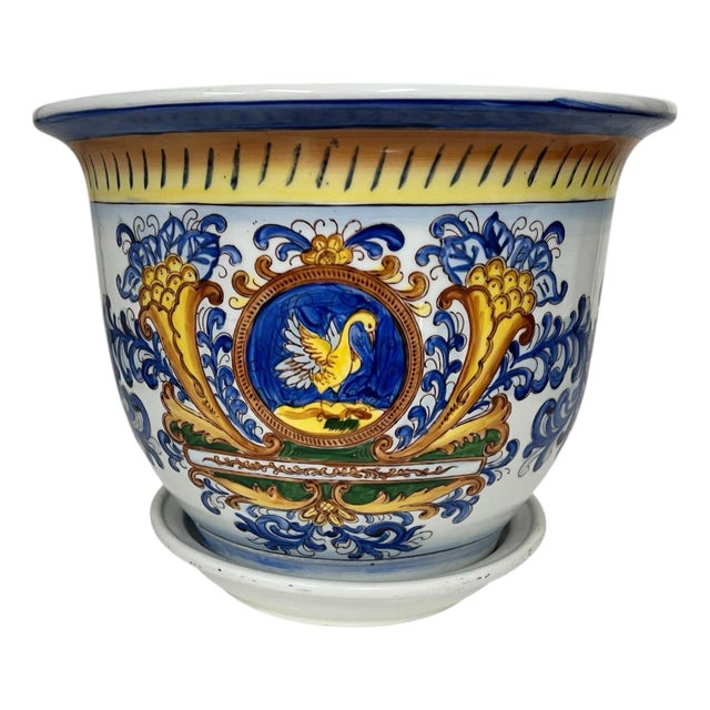 Vintage Large Hand Painted Chinoiserie Blue and White Golden Swan Design Cache Pot Planter For Sale