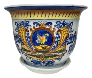Vintage Large Hand Painted Chinoiserie Blue and White Golden Swan Design Cache Pot Planter