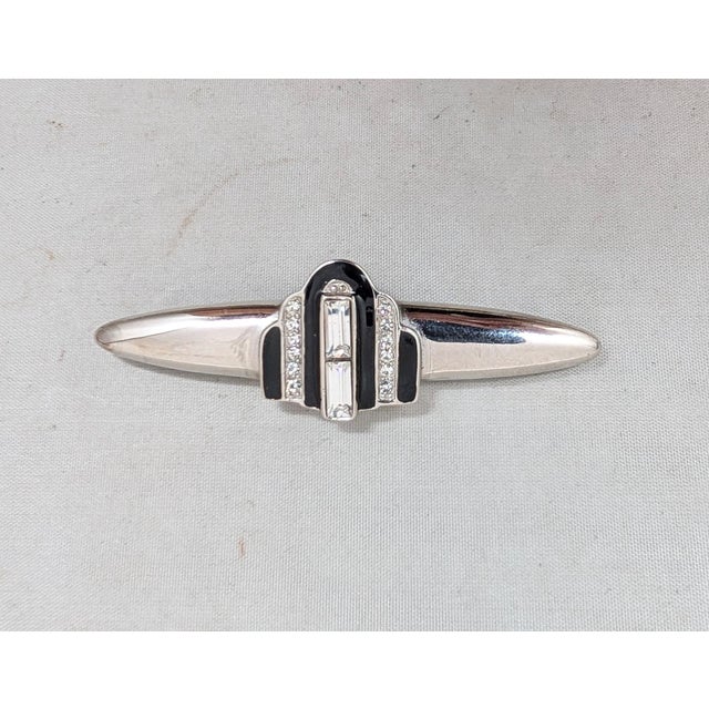 1980s Vintage 1980s Signed Givenchy Art Deco Style Rhodium Black Enamel & Clear Rhinestone Brooch For Sale - Image 5 of 12