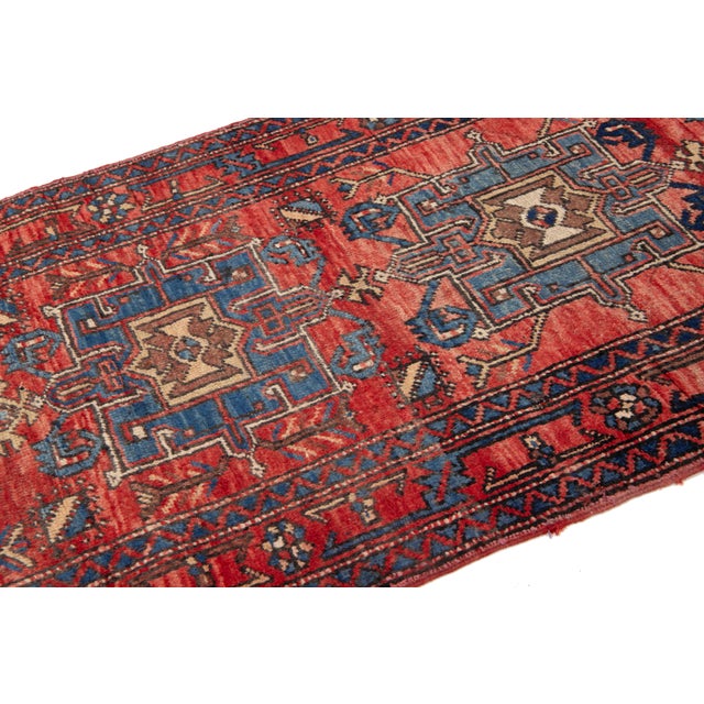 Tribal Handmade Persian Heriz Wool Runner in Red For Sale - Image 4 of 8