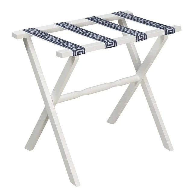 White Wood Straight Leg Luggage Rack with 4 White & Navy Greek Key