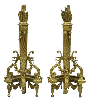 Antique French Louis XVI Style Gilt Bronze Quivers & Arrow Tall Andirons - Pair