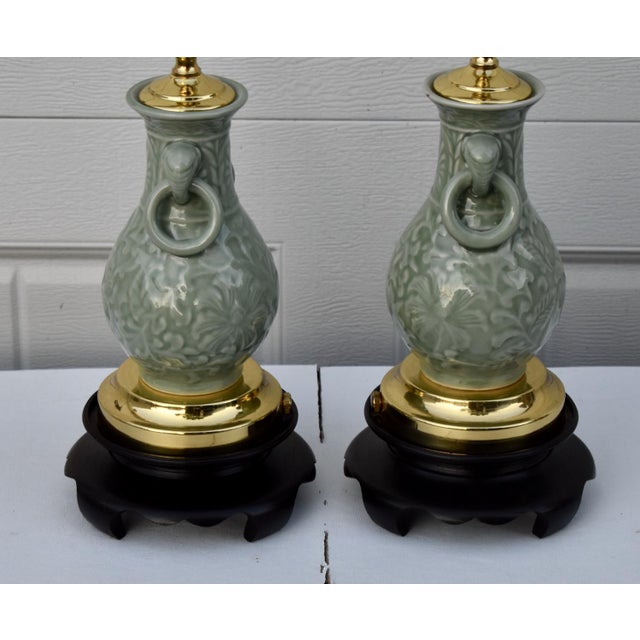 Vintage Celadon Porcelain Table Lamps Pair Mid Century Chinese Vase Style For Sale - Image 11 of 16