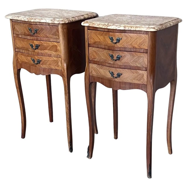 Antique Louis XV French Marquetry Marble Top Nightstands, Set of 2 For Sale - Image 13 of 13