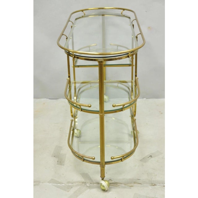 Vintage Mid Century Modern Brass 3 Tier Oval Frame Rolling Bar Cart Server Table For Sale - Image 11 of 15