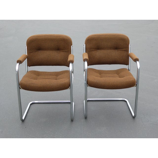 Mid Century Modern Vintage Brown Tweed & Chrome Cantilever Arm Chairs