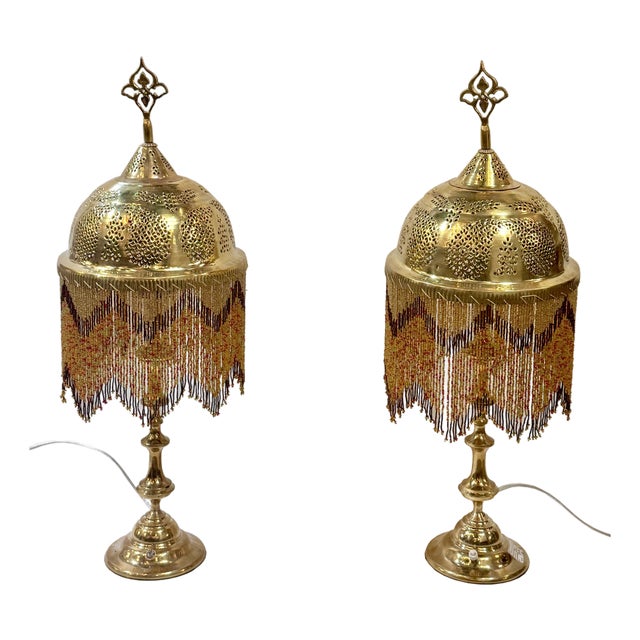 Vintage Brass Table Lamps With Glass Beads - a Pair For Sale