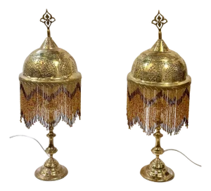 Vintage Brass Table Lamps With Glass Beads - a Pair